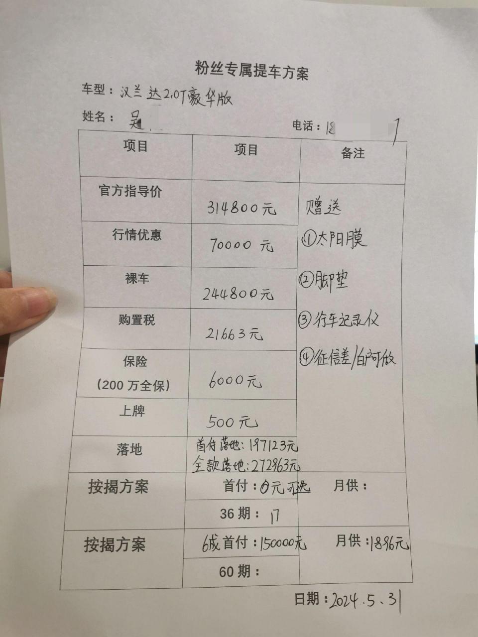 今日交车,5月31号全新款汉兰达豪华版,全款分期按揭方案优惠政策,关注