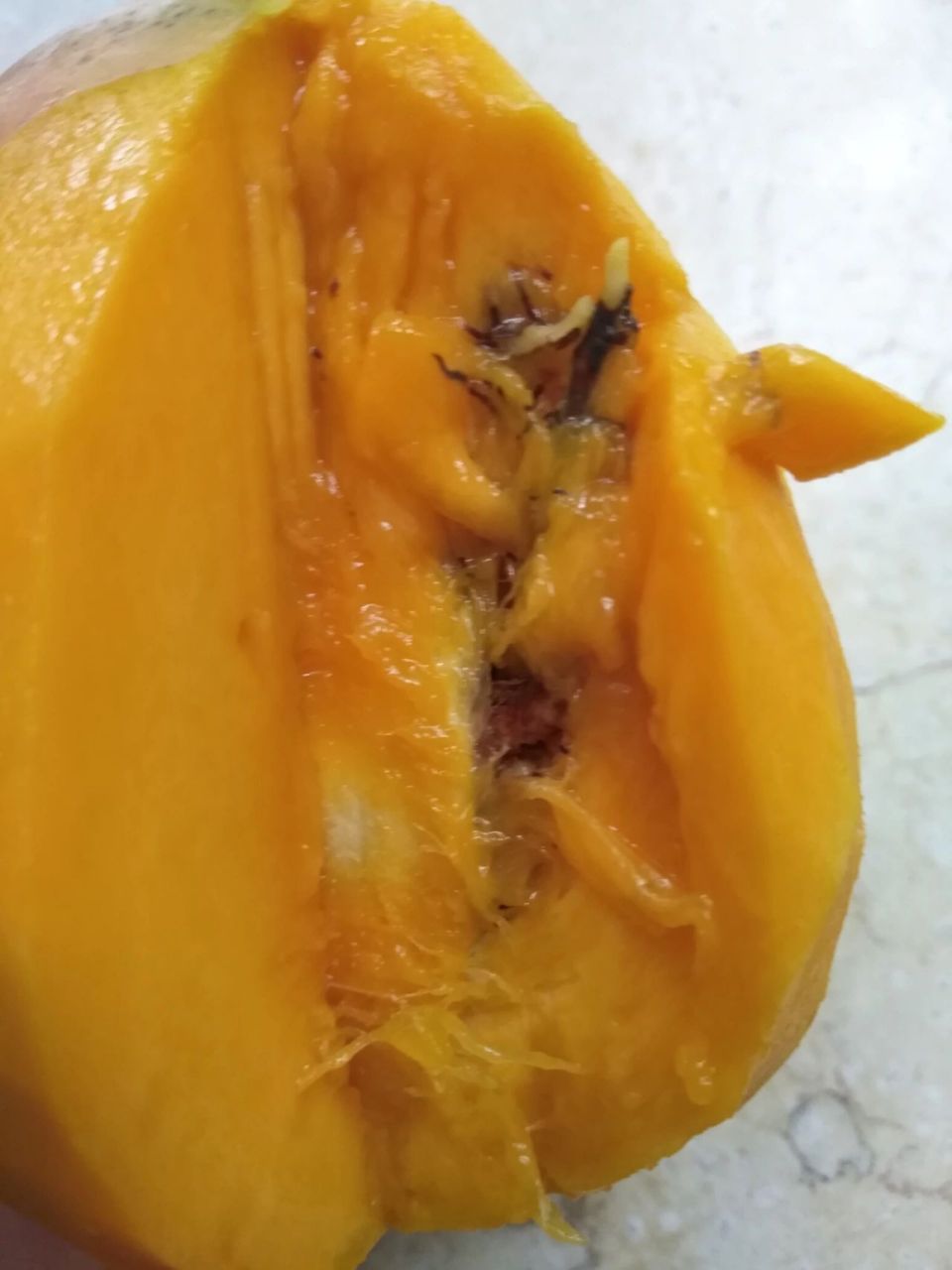 天啊,我的芒果里竟然有这么大条虫子 刚切芒果,开始切发现一点黑的我