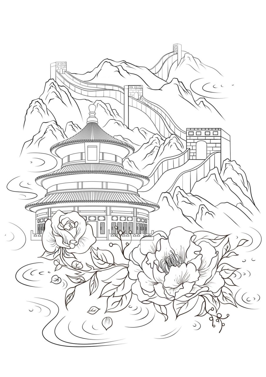 主题:国庆 元素:天坛建筑 长城 牡丹 山水 绘画工具:手绘板 ps ai sai