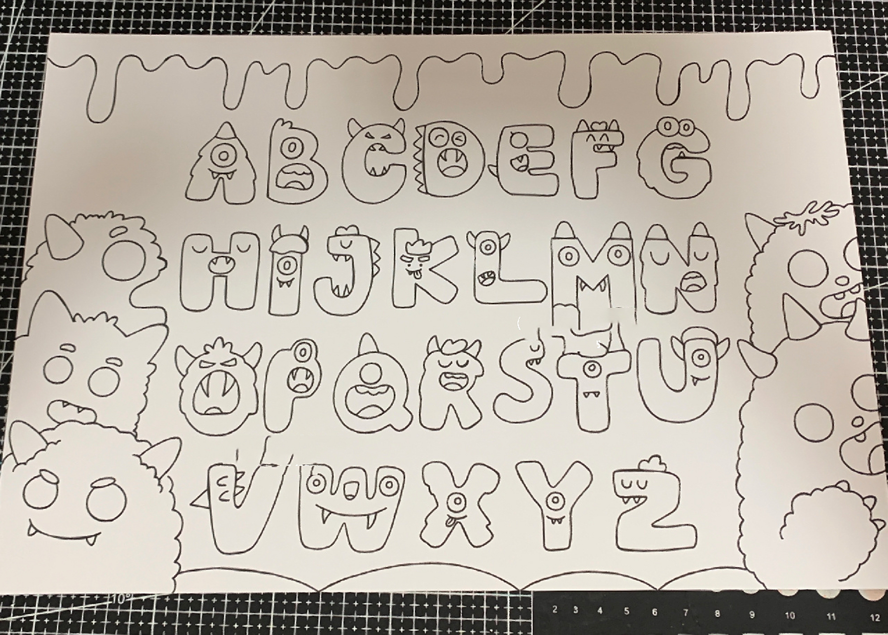 26个字母创意画,字母小报  小怪兽系列字母创意画来啦09 线稿电子版