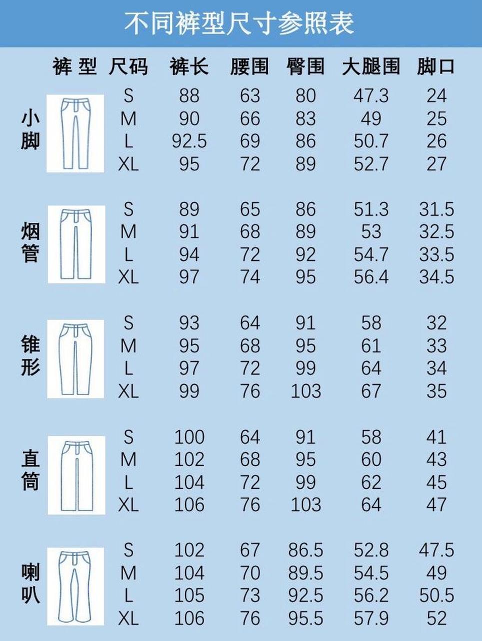 裤子尺码对照表 标准图片
