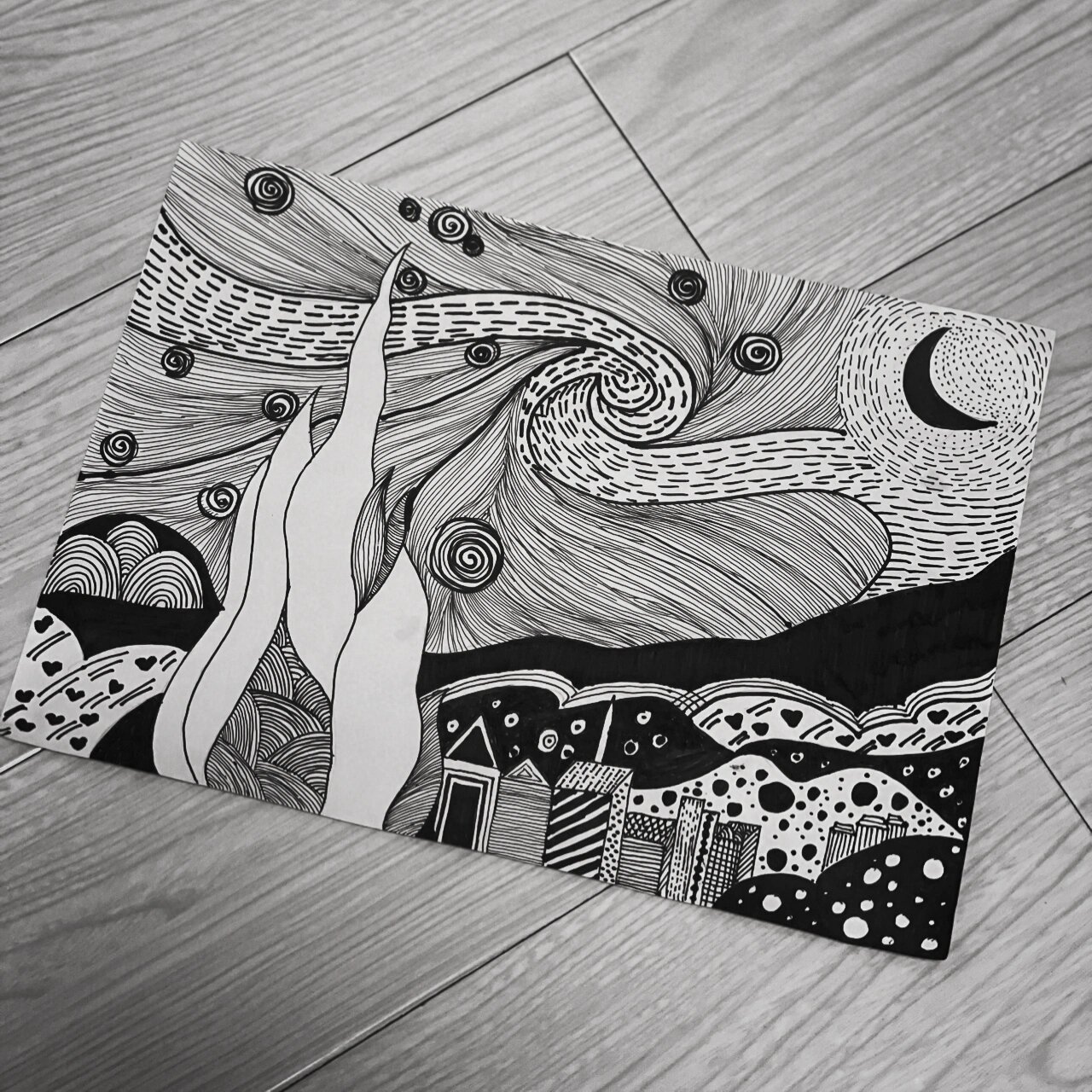 0299 |黑白线条画/梵高《星月夜》 感受黑白的魅力 注:部分线条