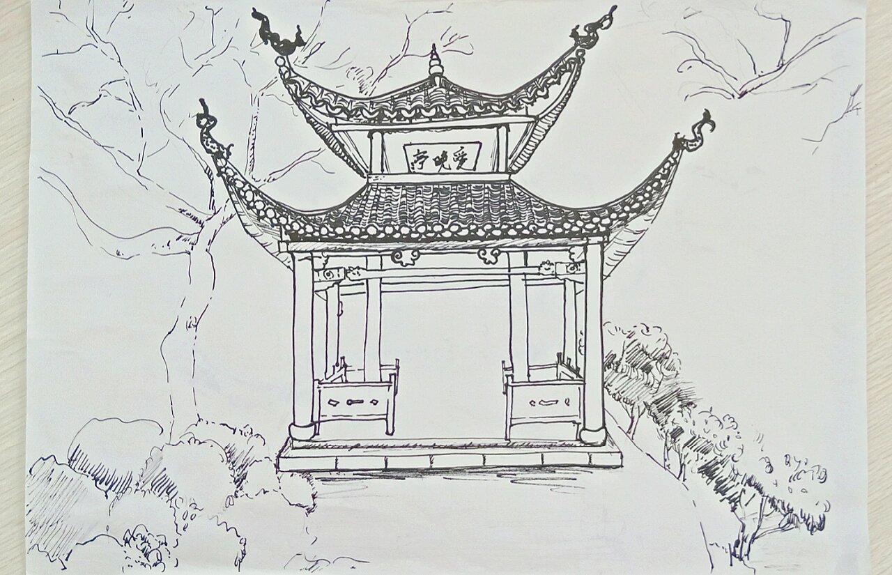 小学生古建筑画素描图片