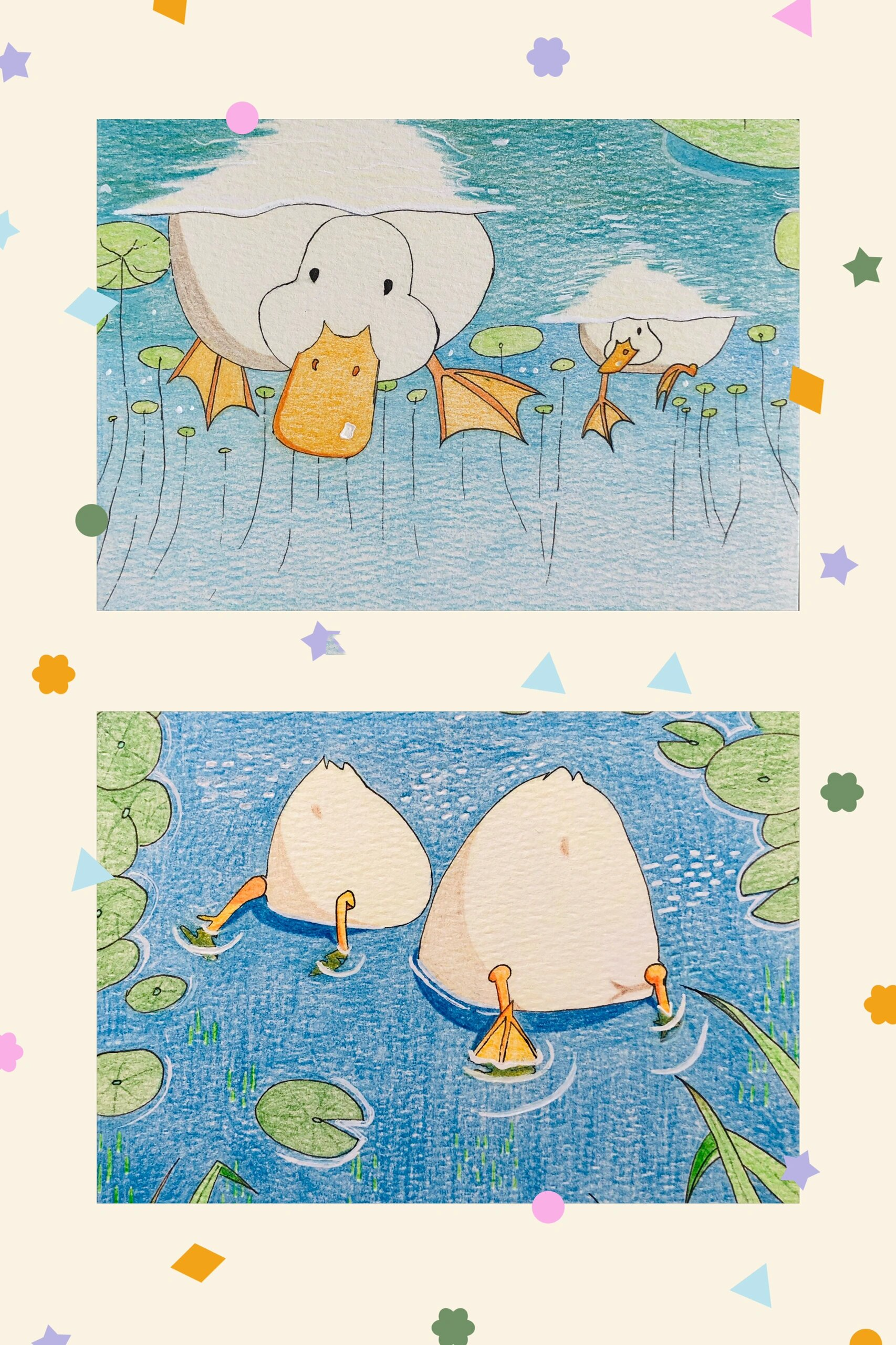 彩铅画|水上水下放一起更可爱呀