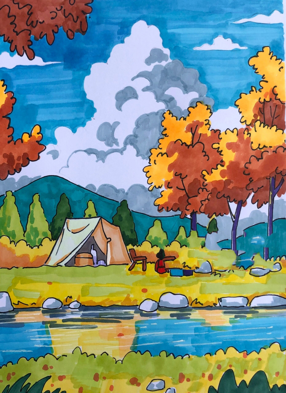 马克笔动漫风景《秋游》 偶尔也画画马克笔风景 在秋天的季节画秋天