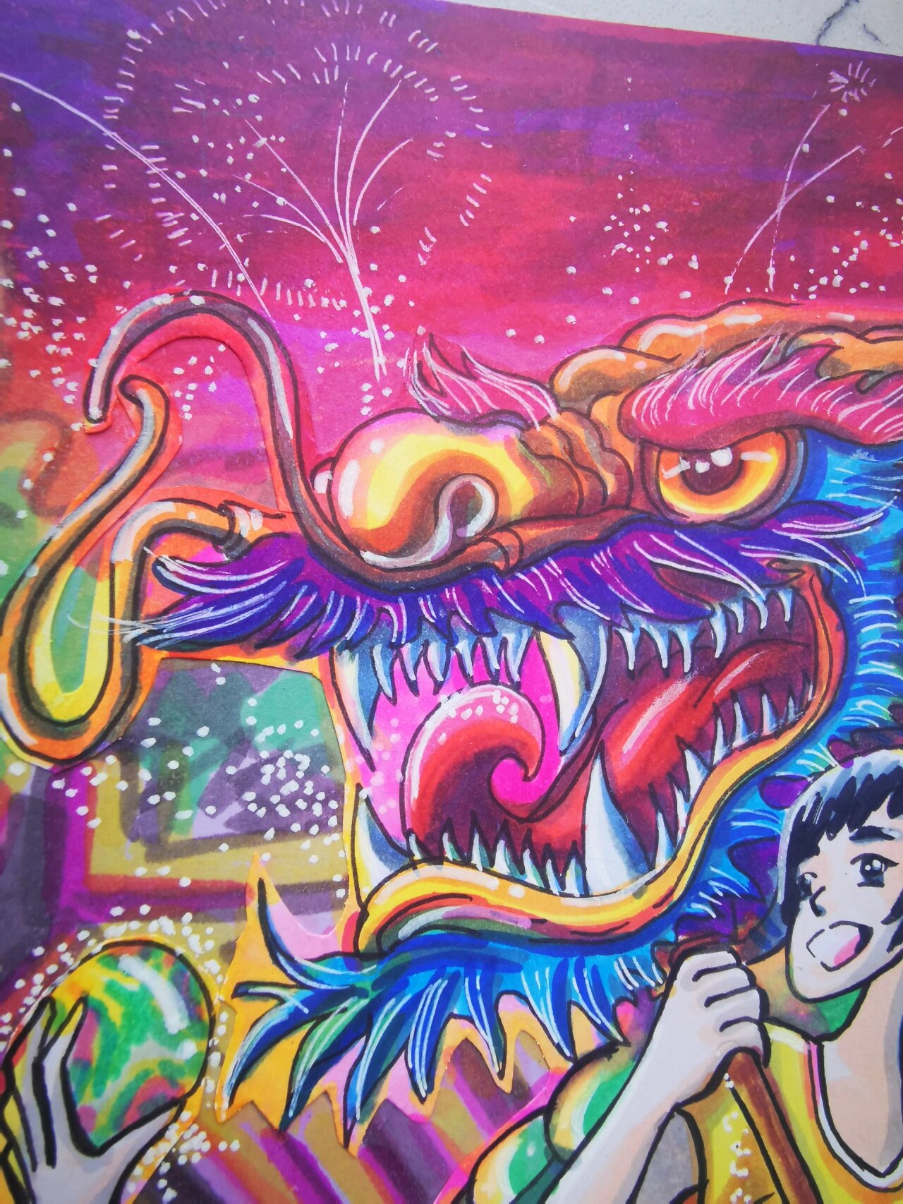 少年舞龙 舞狮 创意美术 绘画画画 卡通动漫