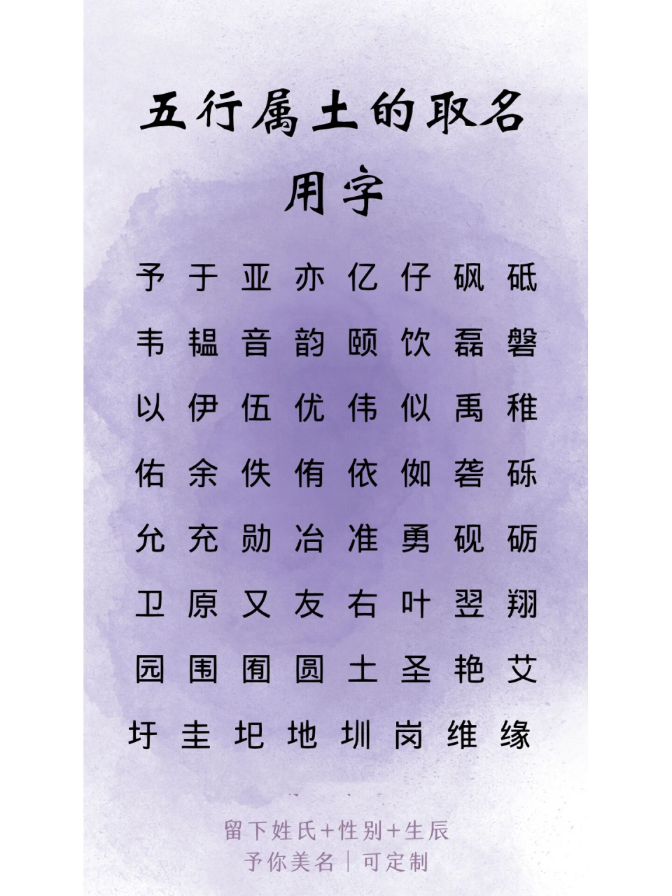 五行属土的取名用字  予 于 亚 亦 亿 仔 韦 韫 音 韵 颐 饮 饴 以 伊