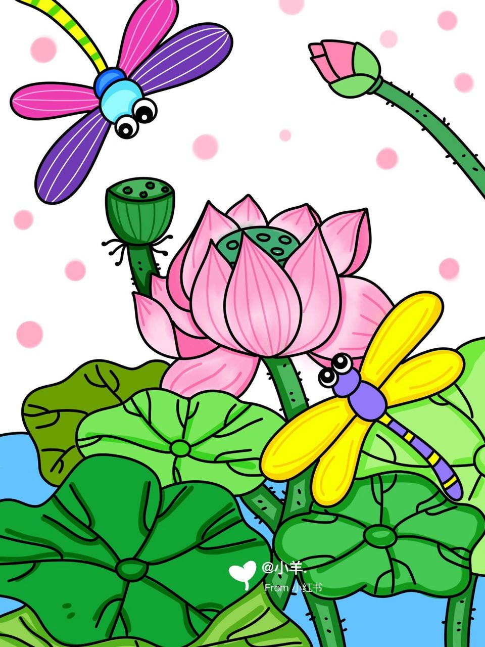 荷花儿童画 荷塘 儿童创意画 带线稿 #创意美术儿童画# #简笔画教程