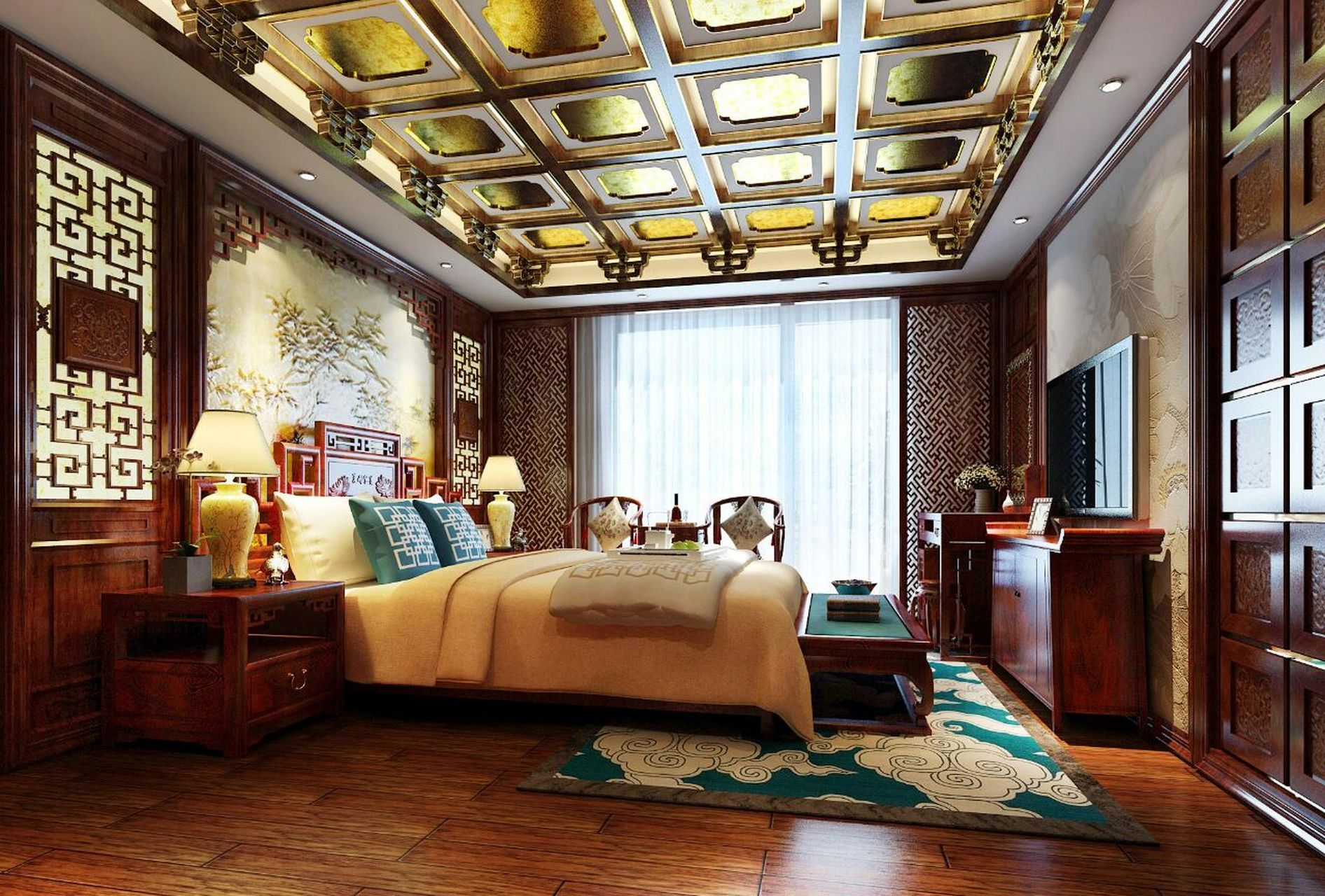 中式古典风格卧室装修,家具陈设讲究对称,中式实木雕刻木作,精致的护