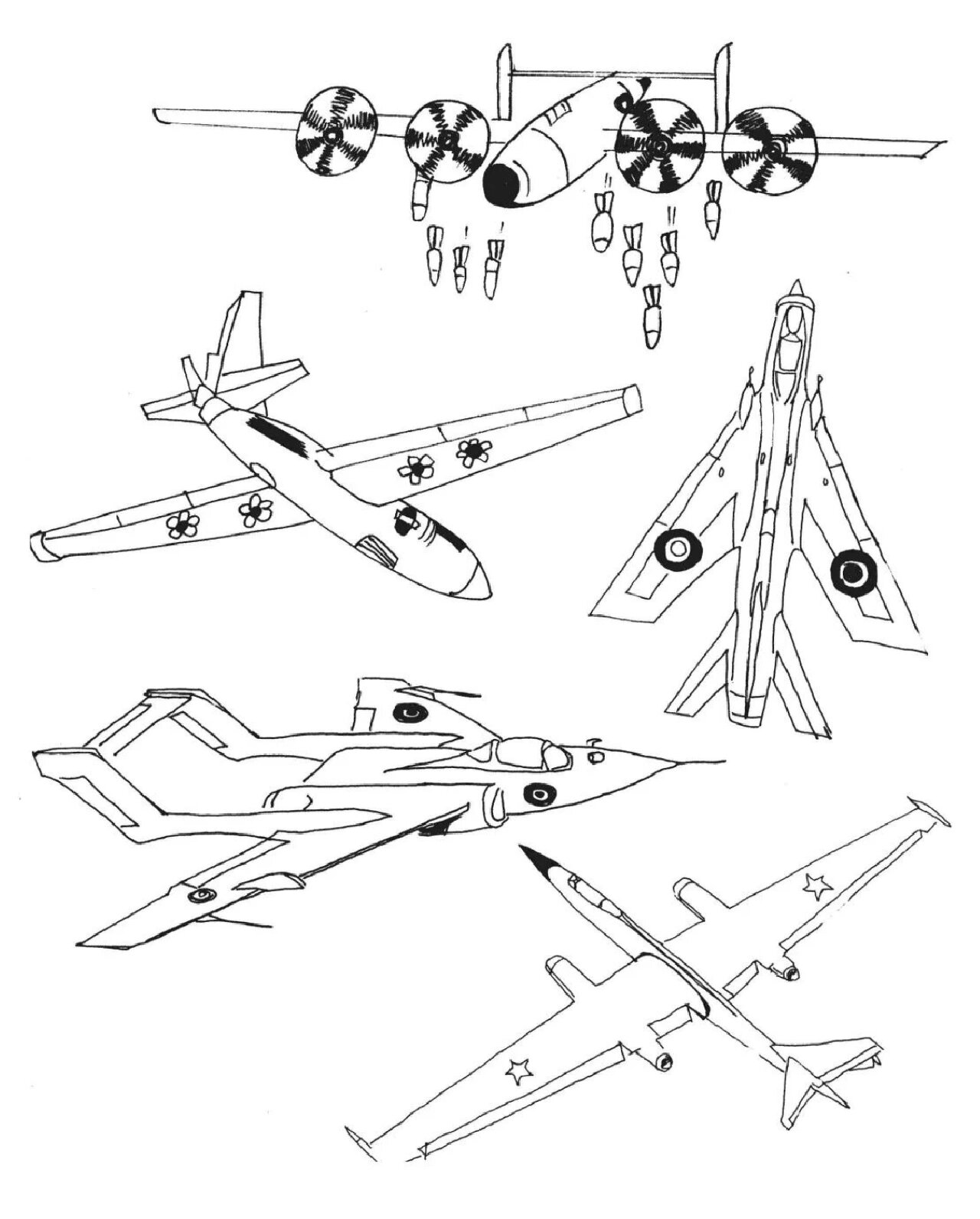 各种角度,各种型号的 飞机,战斗机黑白线描素材 可供学生参考临摹