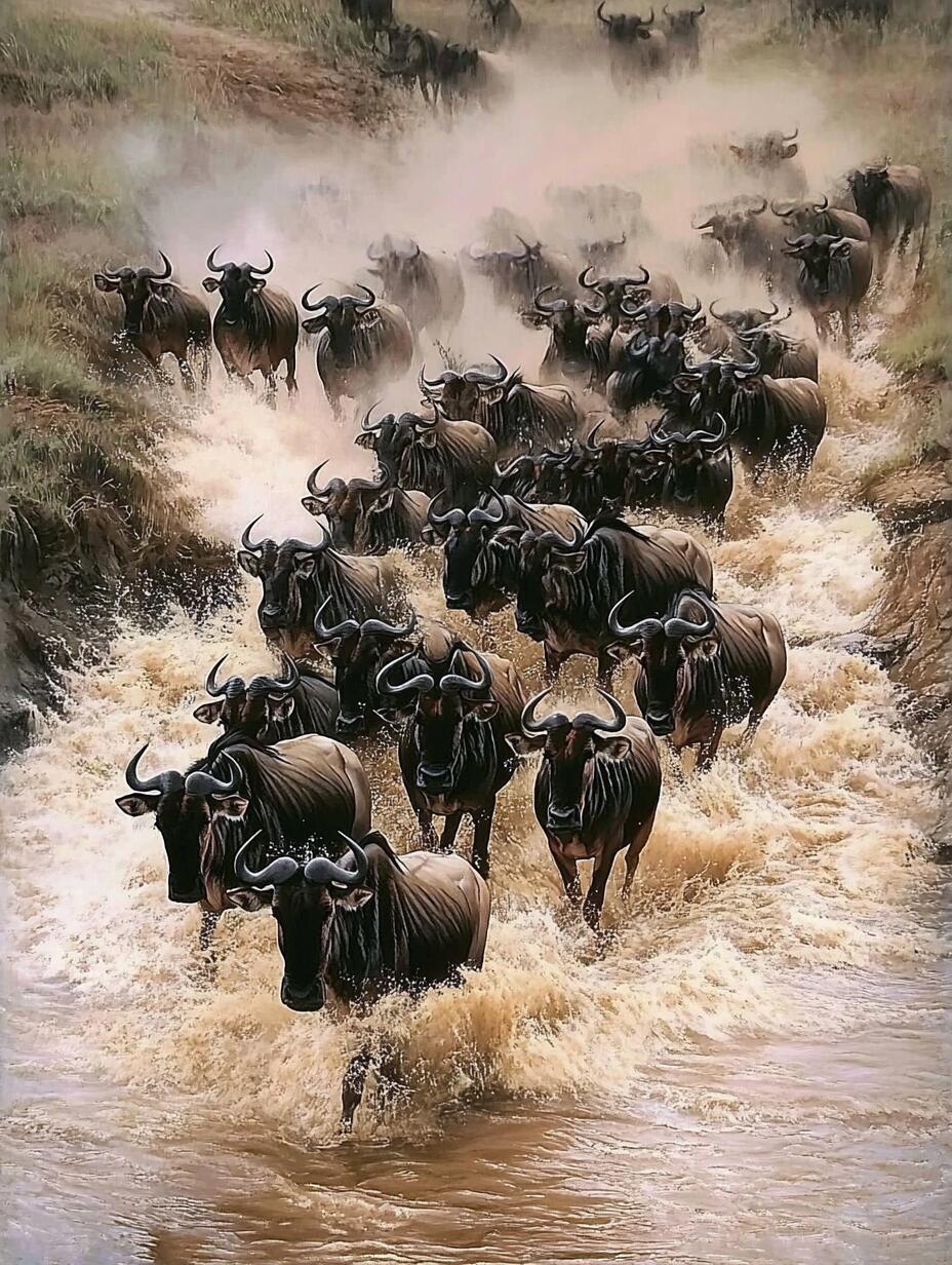 ai 狂野非洲,角马迁徙,震撼瞬间