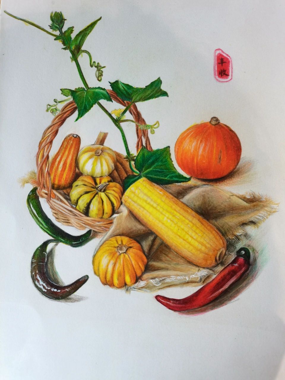 彩铅—丰收(左滑带步骤图) 画了好久,感觉画得有点脏了,效果不是很