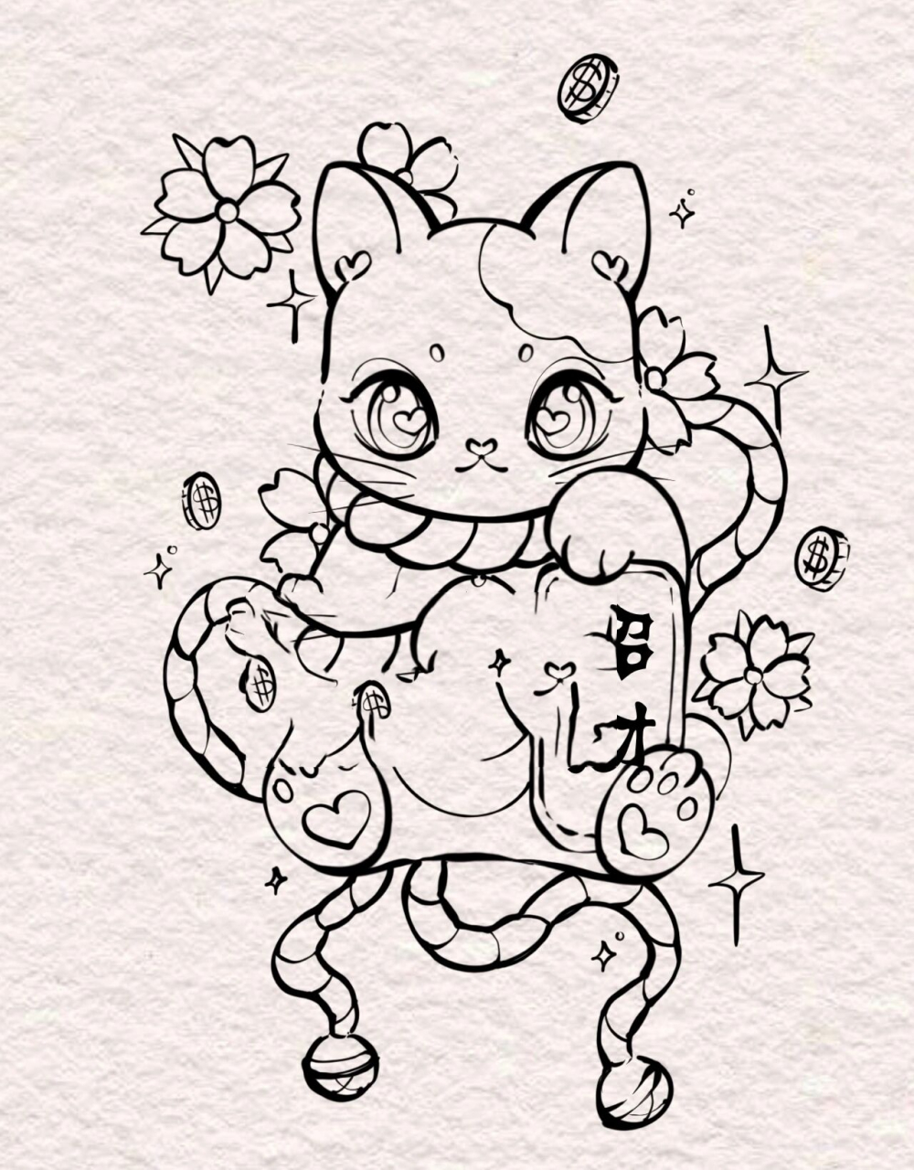 招财猫纹身手稿 客稿 可爱招财猫纹身   日式招财猫纹身