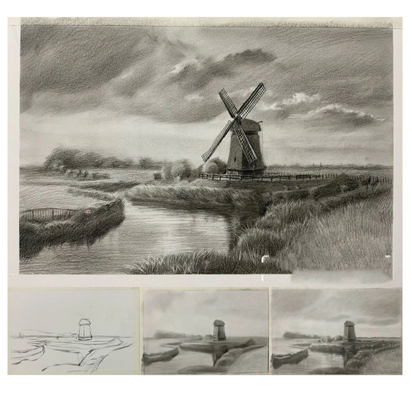 素描风景(绘画步骤图) 起型,大面积铺色用的炭条,深入色块及刻画用的