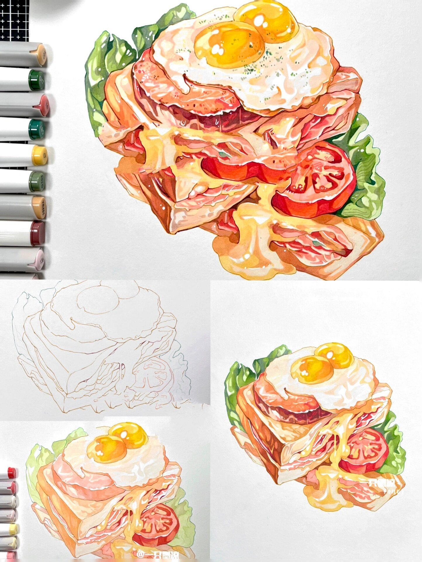 【马克笔】三明治上色步骤图