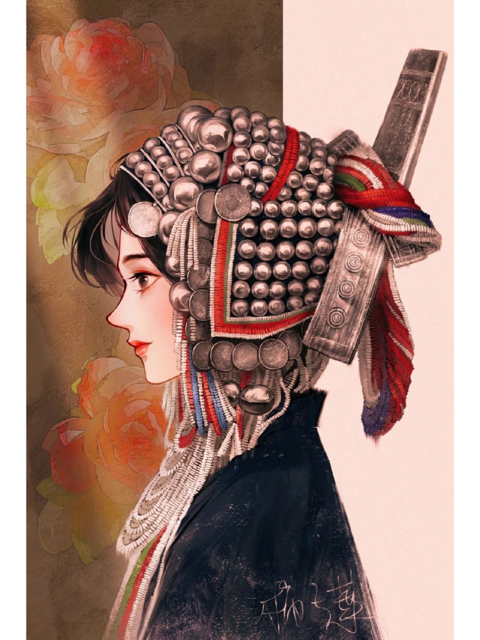 (民族风情插画)哈尼族姑娘 秀美的娥眉,细致的脸蛋,精致的头饰,是漂亮