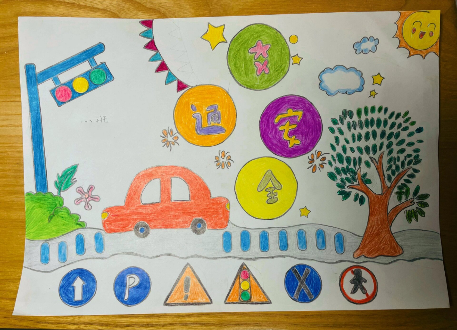 一年级交通安全绘画 虽说不用上学 但天天都有任务 这周五的散学典礼