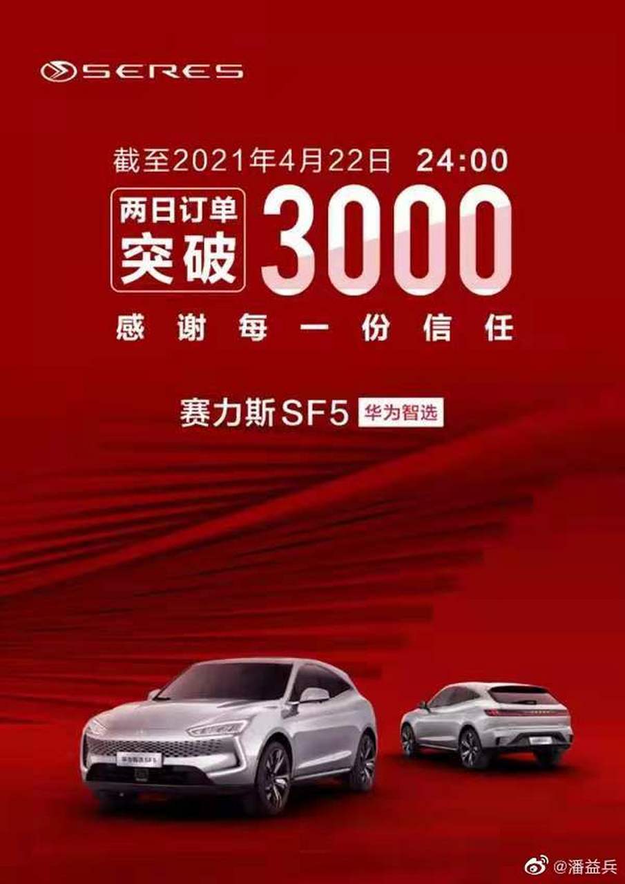 截至4月22日24时,赛力斯华为智选sf5两日订单已突破3000单.