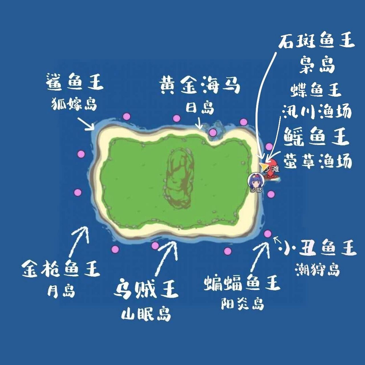 【游戏】小森生活19个鱼王位置图示 虽然是三个不同的岛,不过三个鱼王