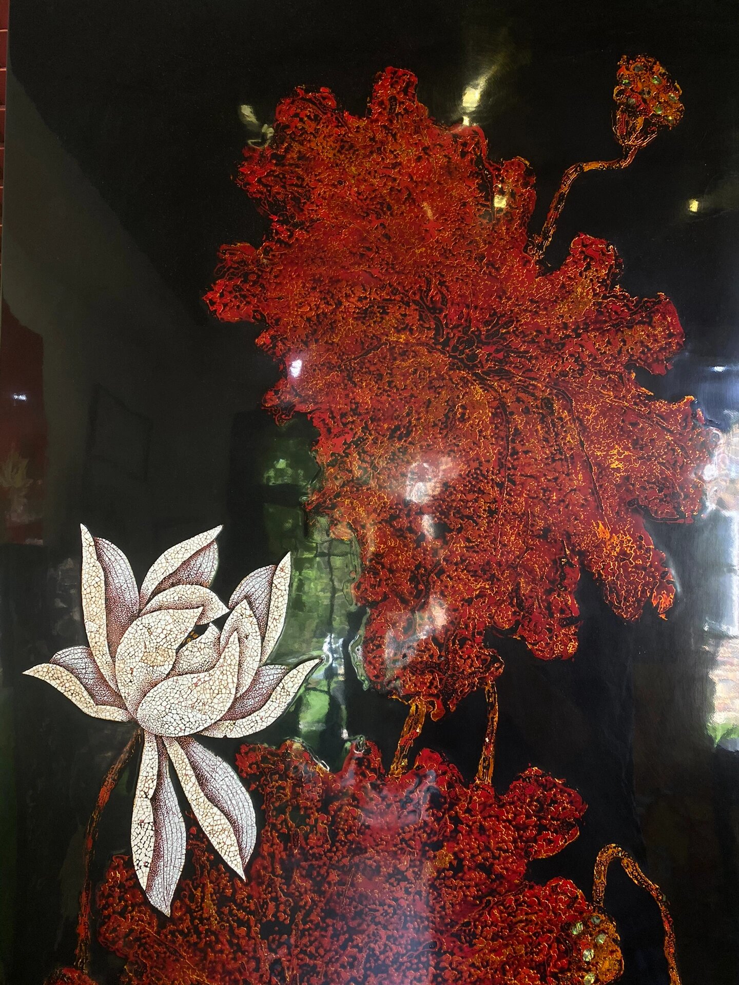 规格180x70cm 新品漆画荷花系列 全蛋壳镶嵌荷花,工匠之作大漆非遗