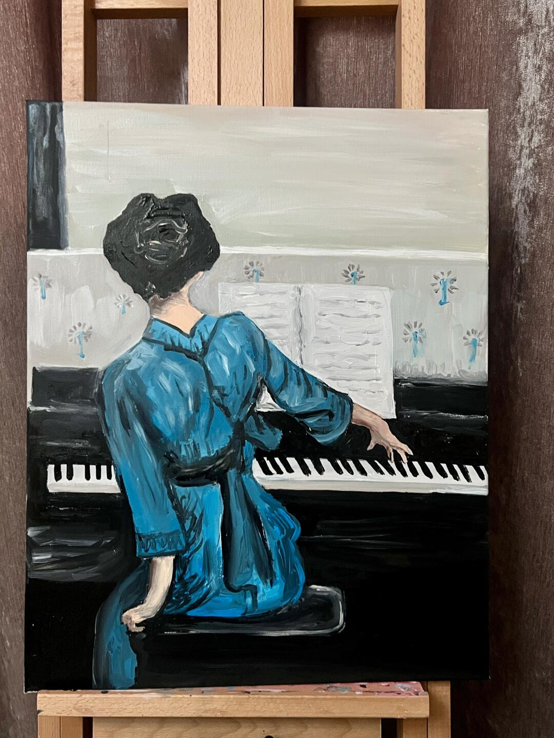 丙烯画|弹钢琴的女人