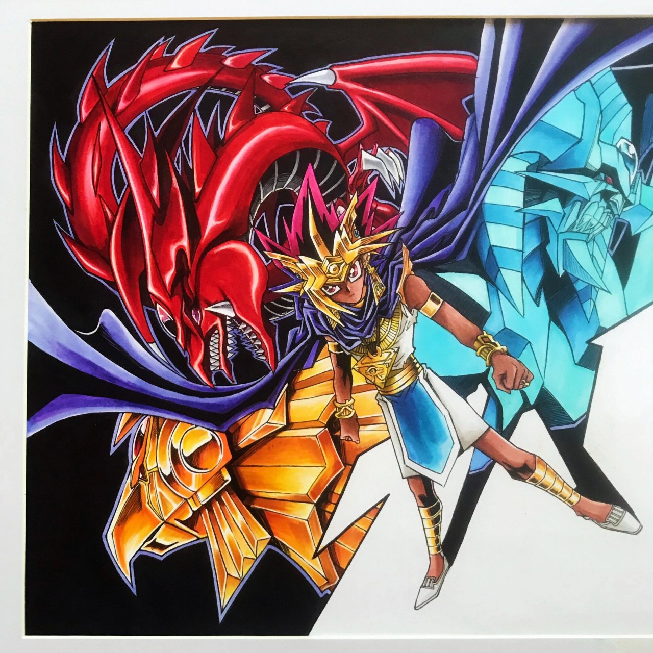 《游戏王》法老王与三幻神 《 游戏王》主题,纯手绘的马克笔原画
