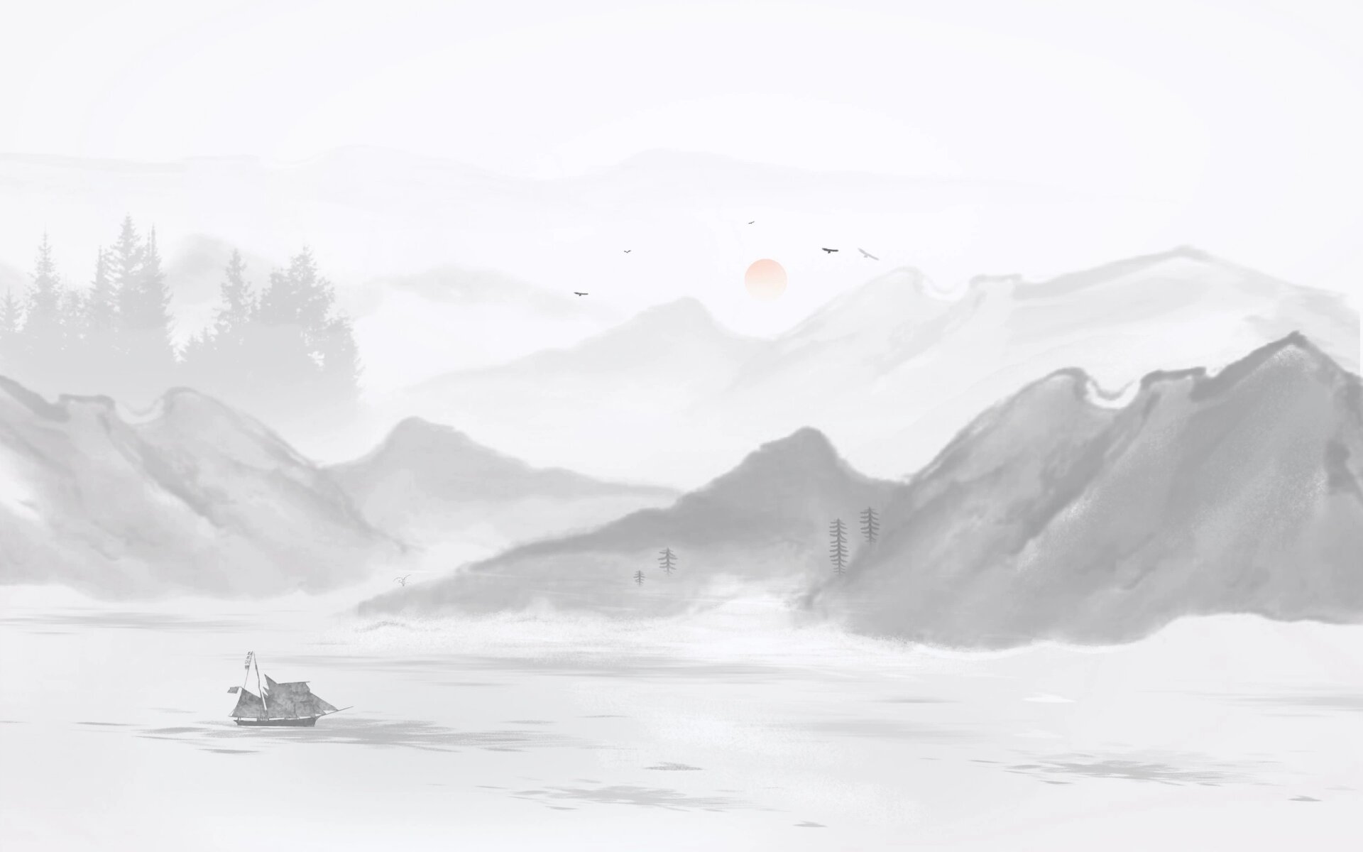 江南水乡插画手绘古风背景水墨山水画国风风