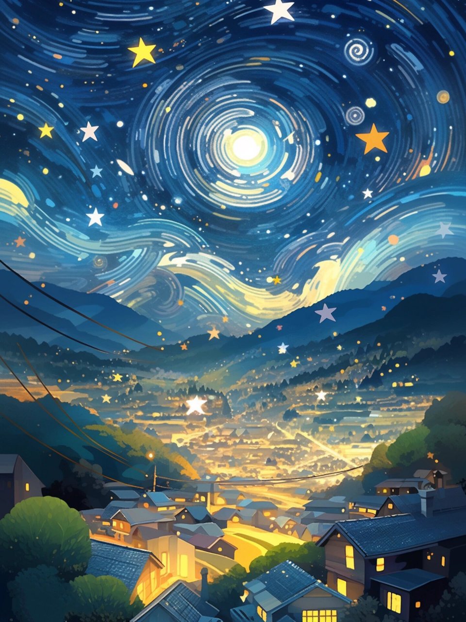 原创壁纸|梵高星空下的温馨