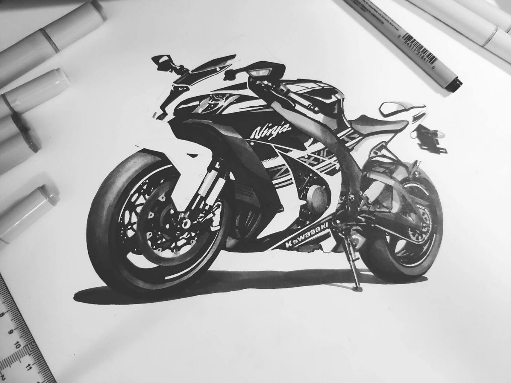 简单画画,一辆川崎摩托车 平时基本都是画的汽车,前段时间有朋友问我