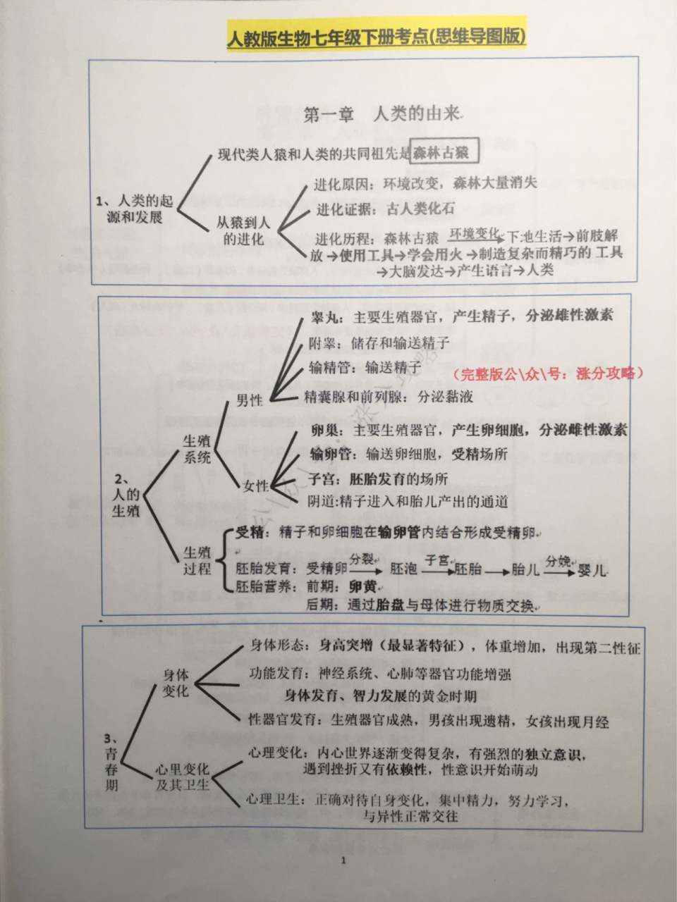 七年级下册生物思维导图考点知识点