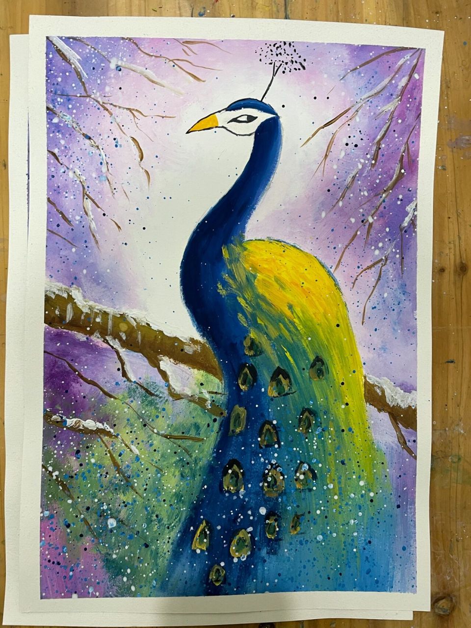 水粉画—-孔雀08 每周六都画两幅同样的画,还是有区别