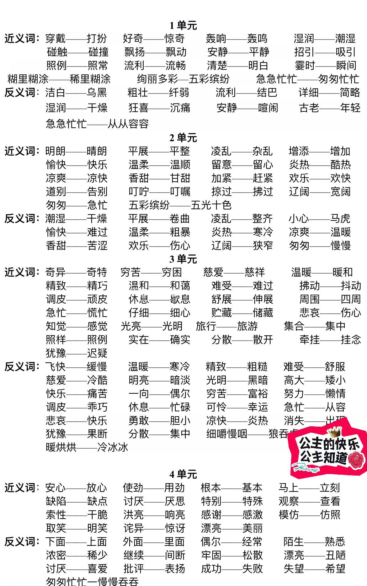 反义词(期中期末复习) 小学三年级语文上册1-8单元近义词反义词大集合