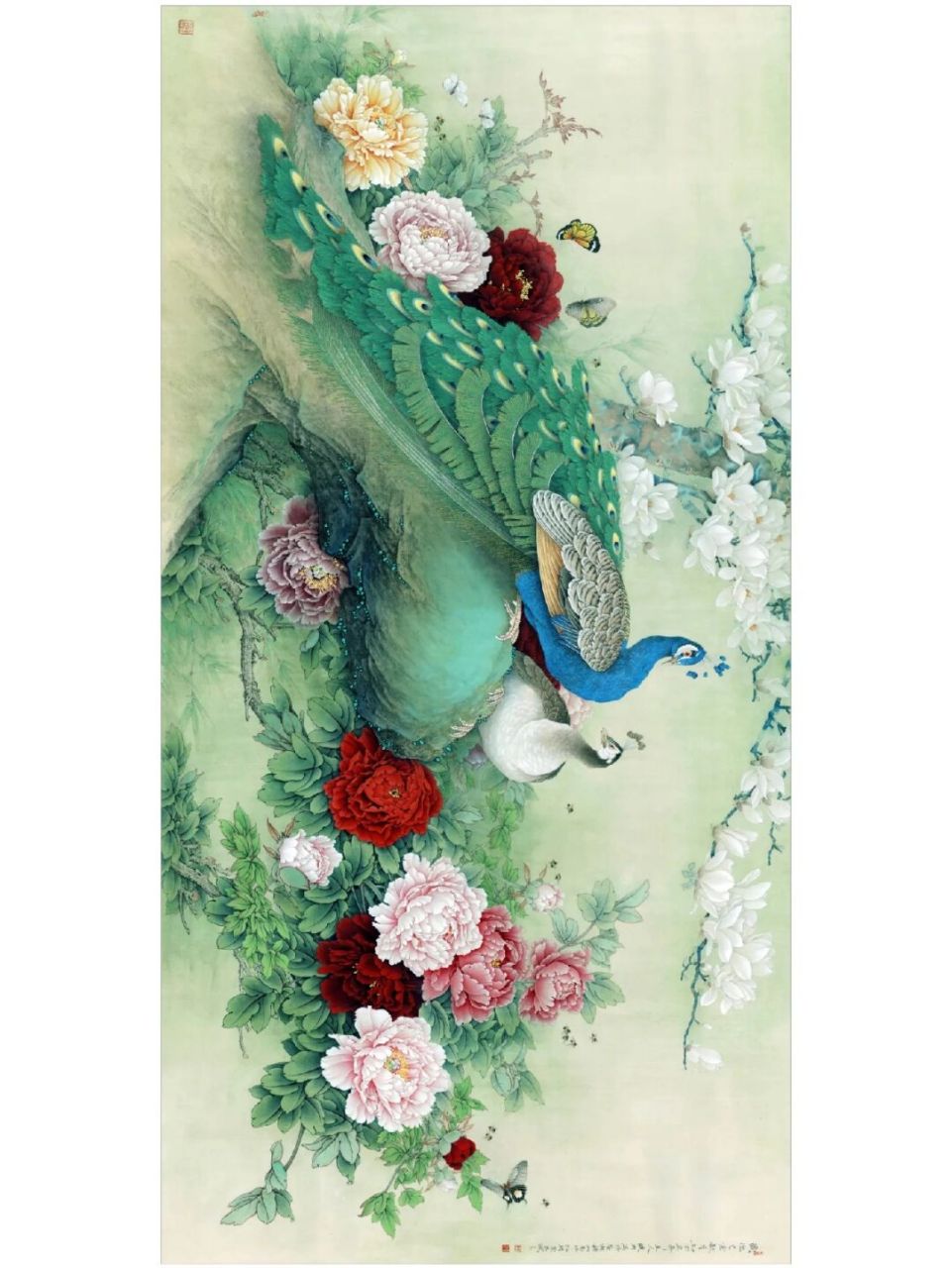 《牡丹孔雀图》 作品名称:《牡丹孔雀图》 作品尺寸:110x220cm 作品