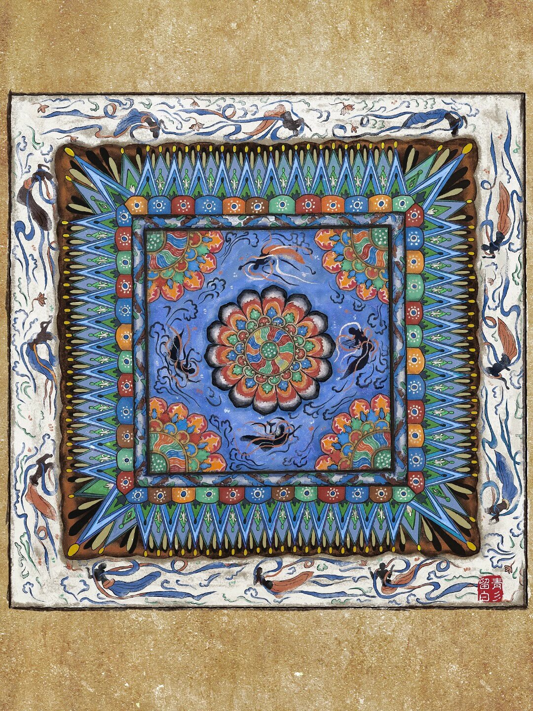 板绘敦煌五色莲花飞天藻井 板绘敦煌329窟初唐藻井.