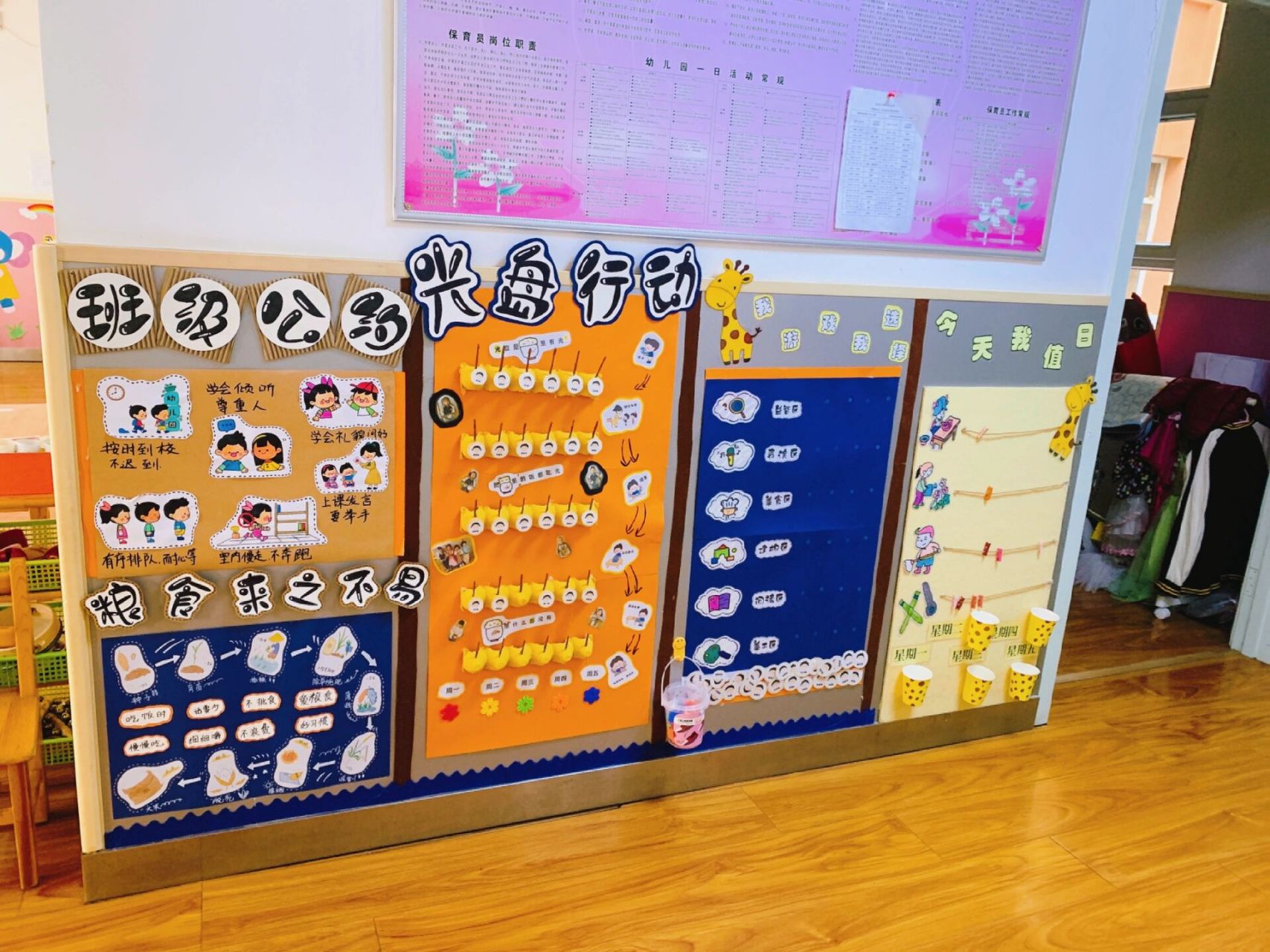 幼儿园墙面环创,各种功能墙,幼儿可互动  班级公约,珍惜粮食,光盘行动