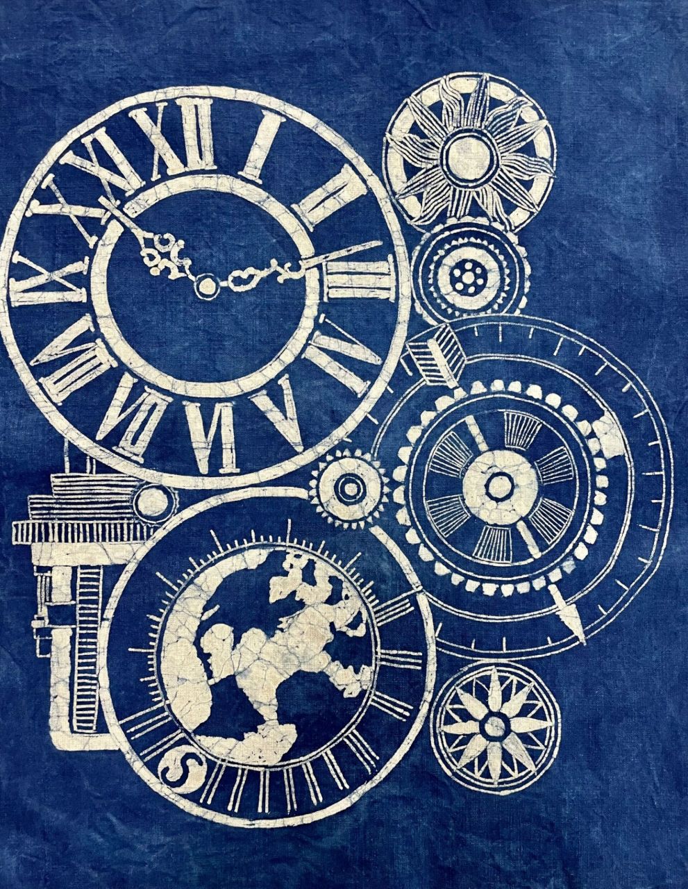 时间齿轮蜡染图案装饰画成品图分享|附草稿