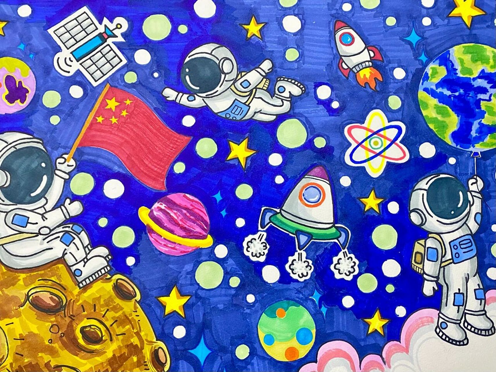 原创 宇宙太空航天宇航员星空儿童创意画 禁止商用,临摹请告知!