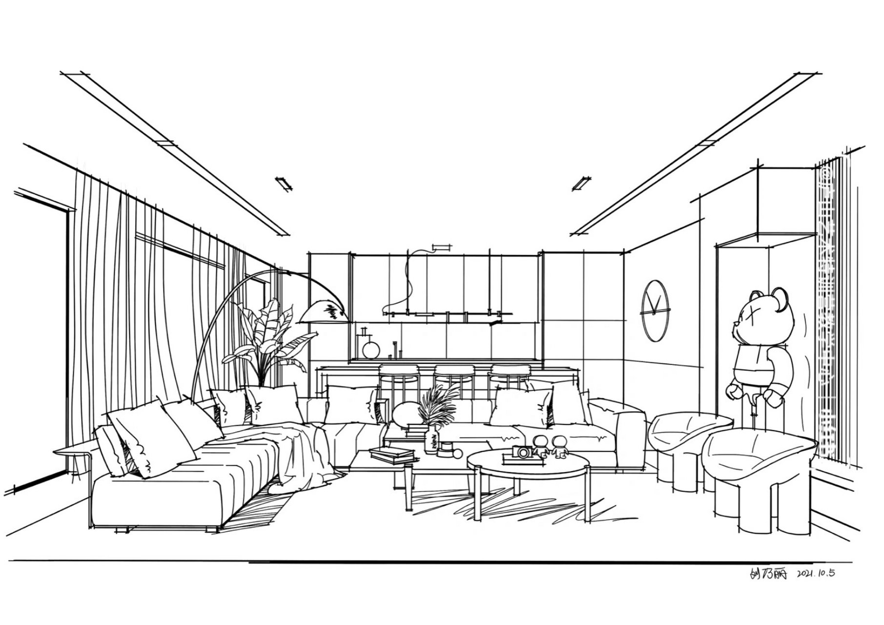 客厅空间手绘效果图,线稿➕马克笔上色🎨 (作品出自庐山艺术特训