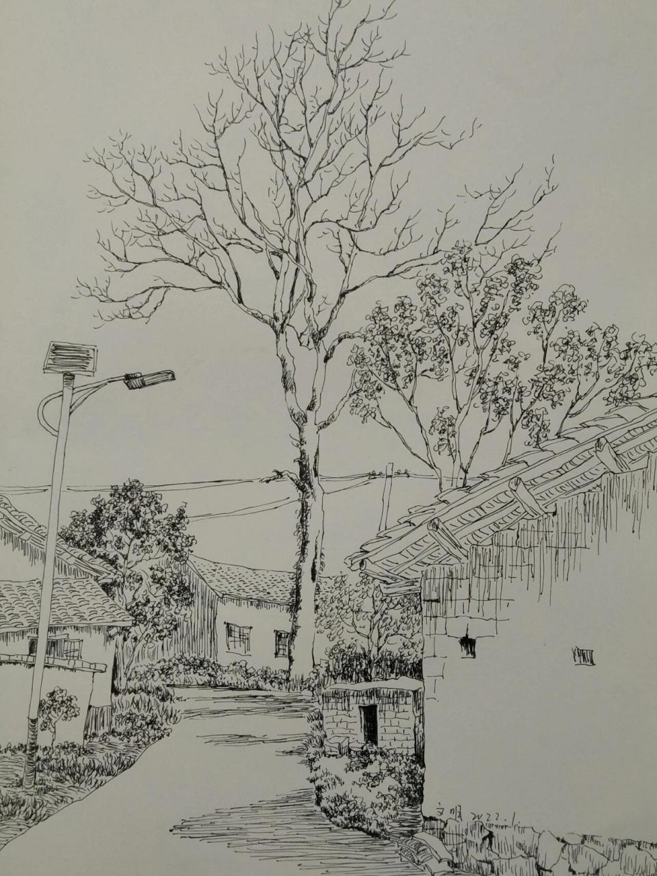 风景写生61乡村田园618开素描画
