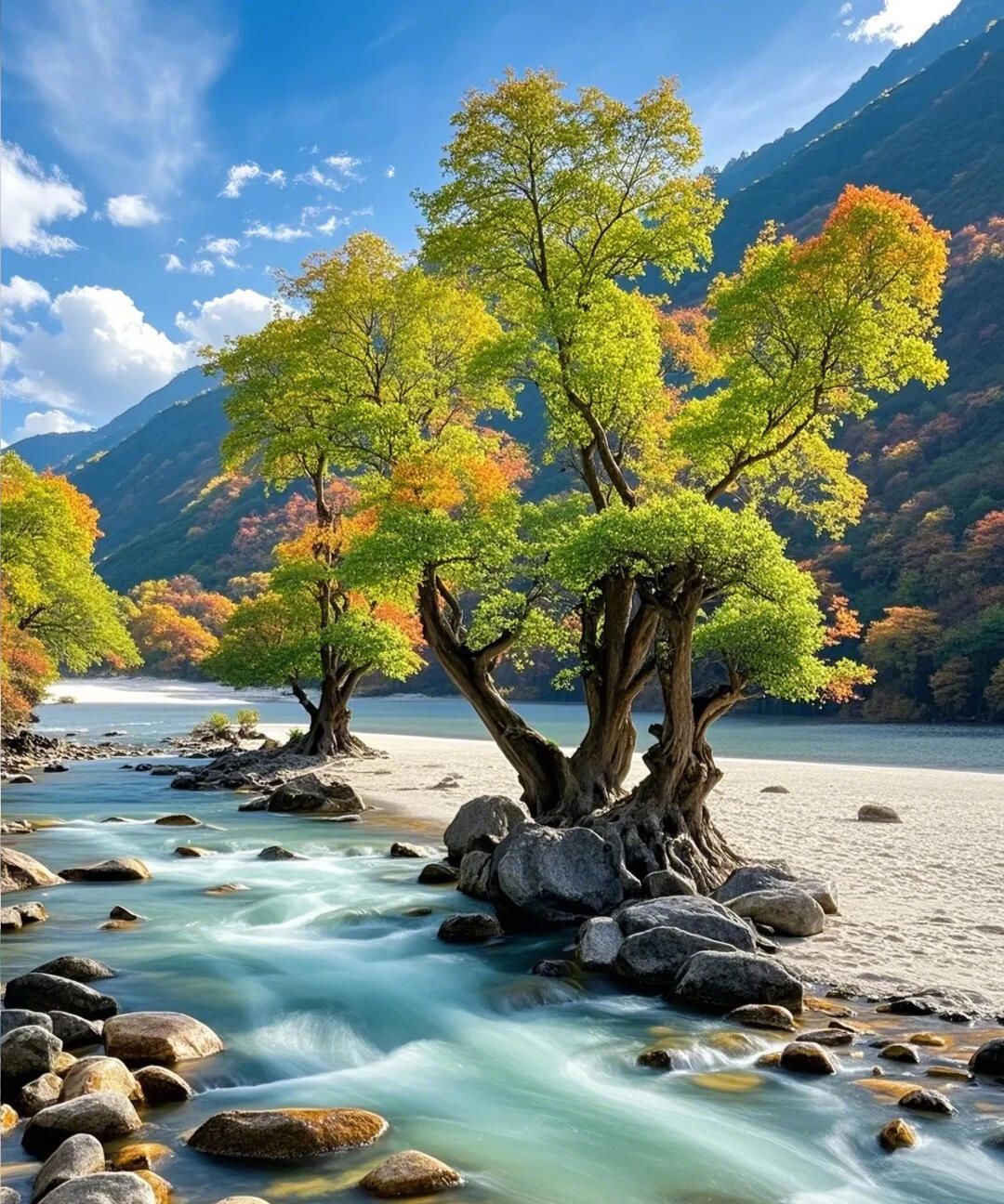 极致风景:深蓝的天,多彩的树,丝滑的水