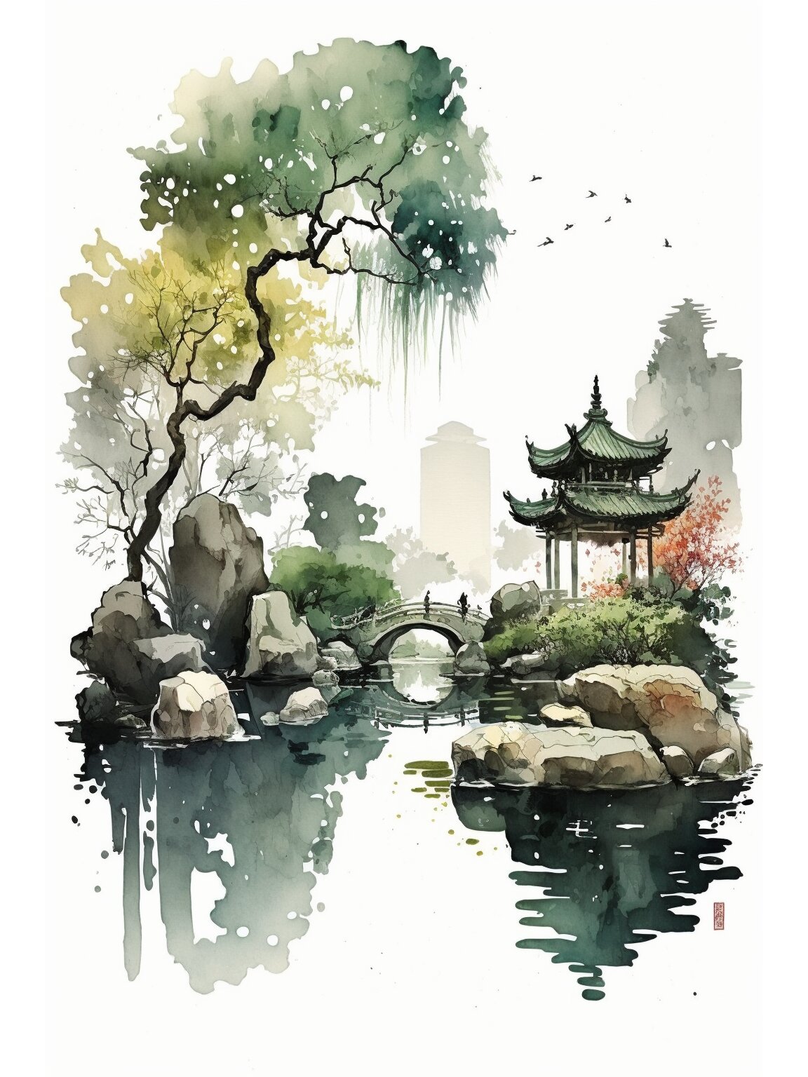 ai绘制中式园林淡彩水墨(含关键词) 中式江南园林是中国传统园林的