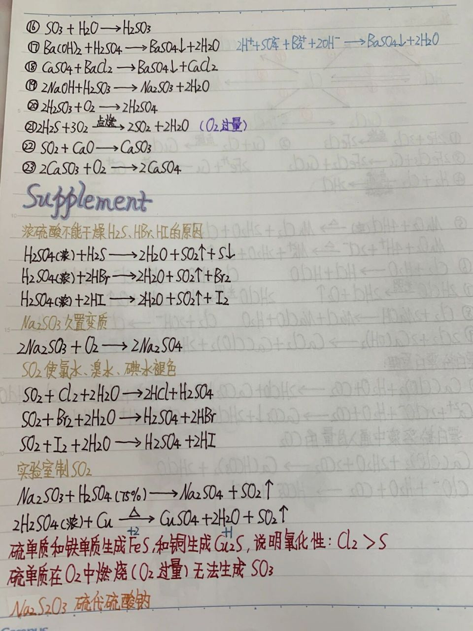 高中化学硫及其化合物方程式 写完笔记心情好多了