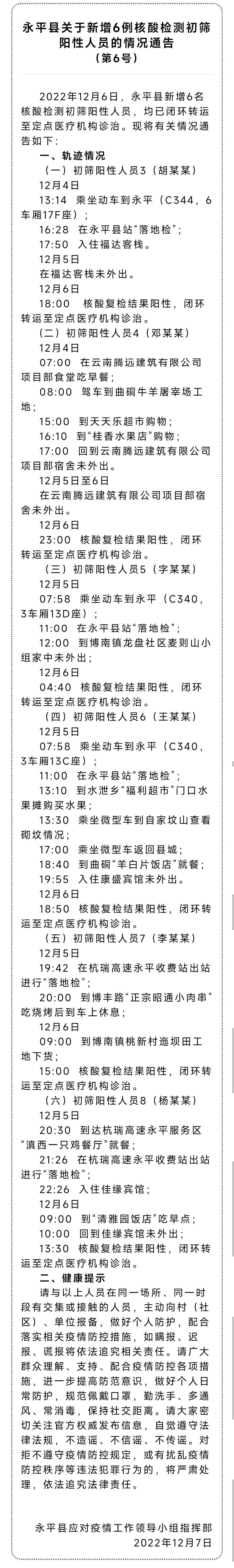 2022年12月6日,云南大理永平县新增6名核酸检测初筛阳性人员,均已闭环