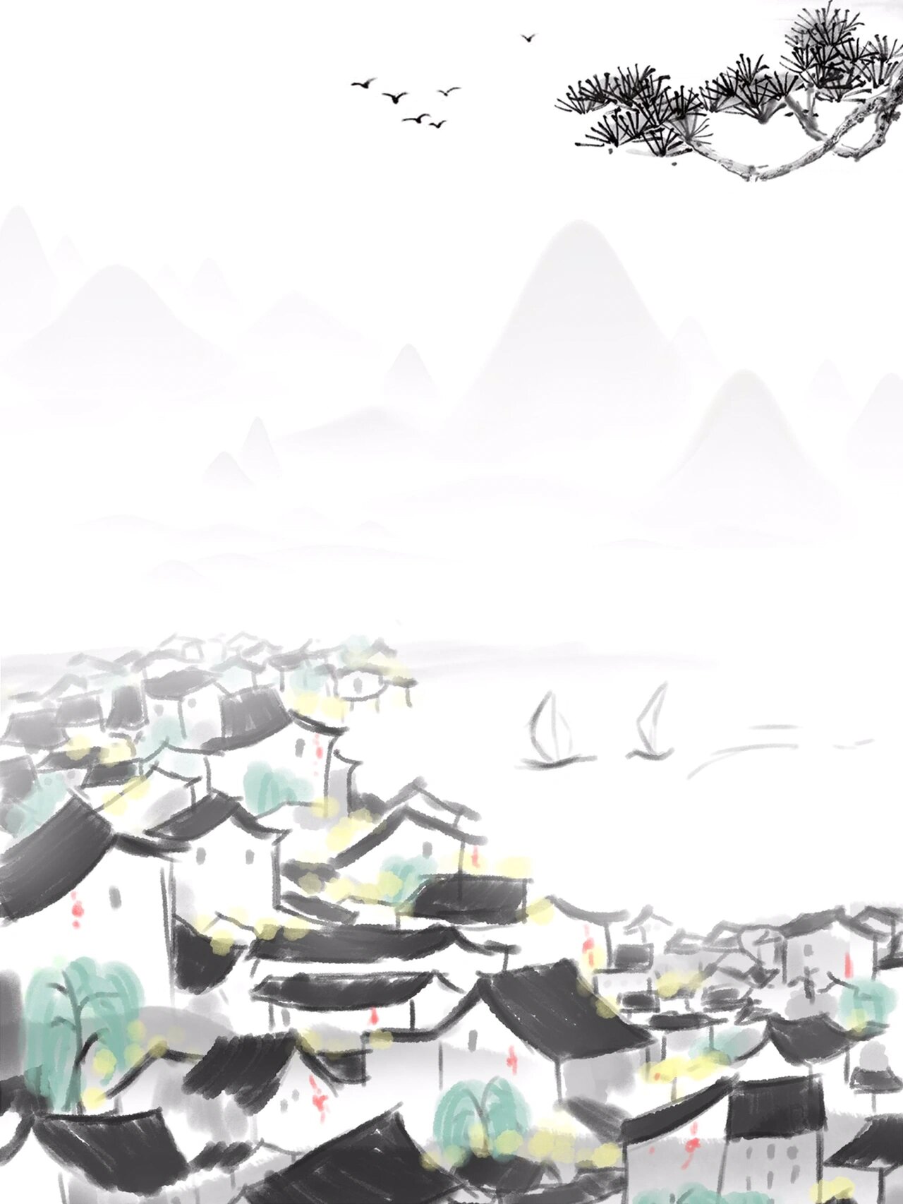 素材分享|水墨风江南水乡古镇插画海报97