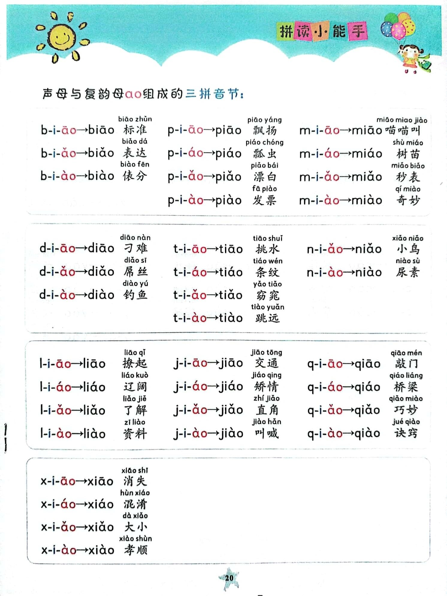 声母与复韵母ao组成的三拼音节