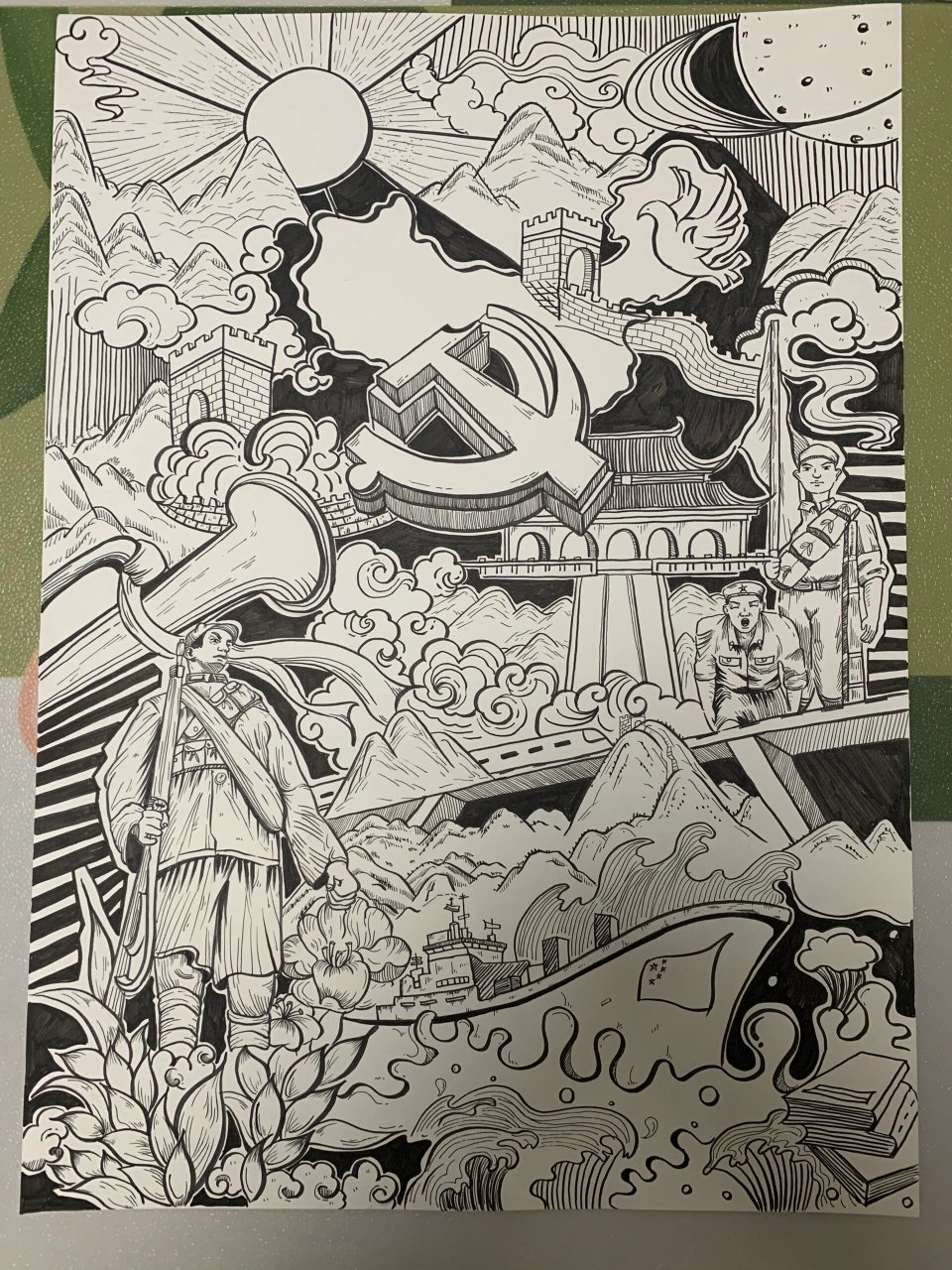 黑白线描装饰画 | 国庆主题 | 素材积累 | 图11566:歌颂祖国