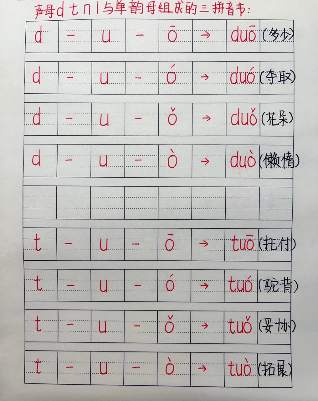 拼音书写 97声母d t n l 与单韵母组成的三拼音节