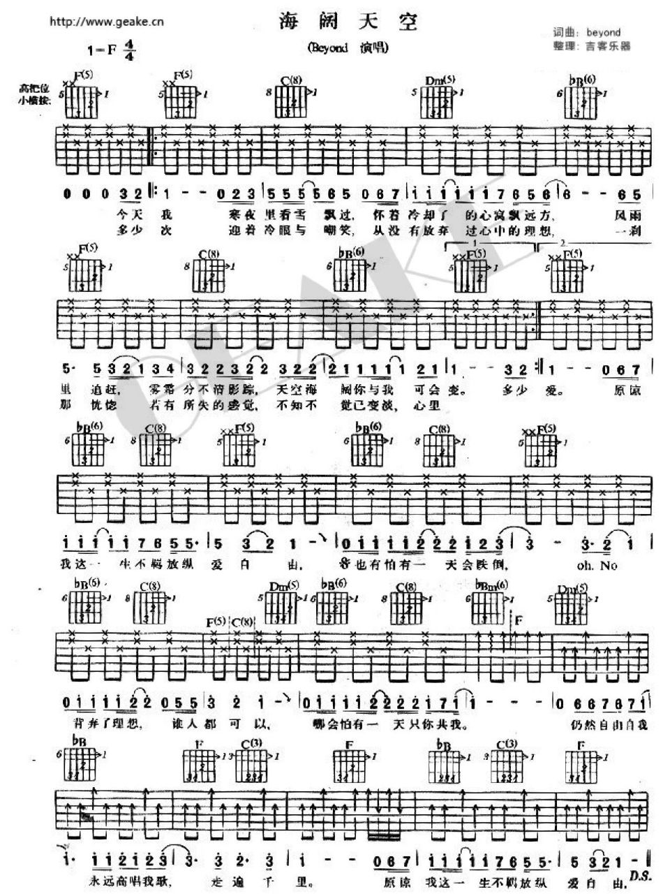 beyond【海阔天空】吉他谱及歌曲赏析 嘉颖点评: 大学的时候,经常能