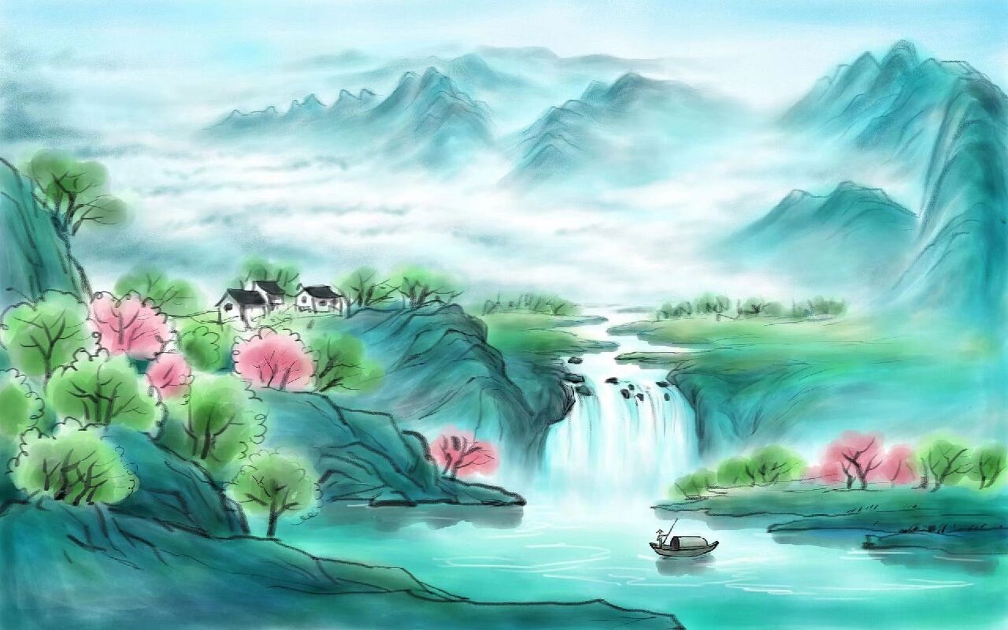 忆江南插画分享一 江南好,风景旧曾谙,日出江花红胜火,春来江水绿如蓝
