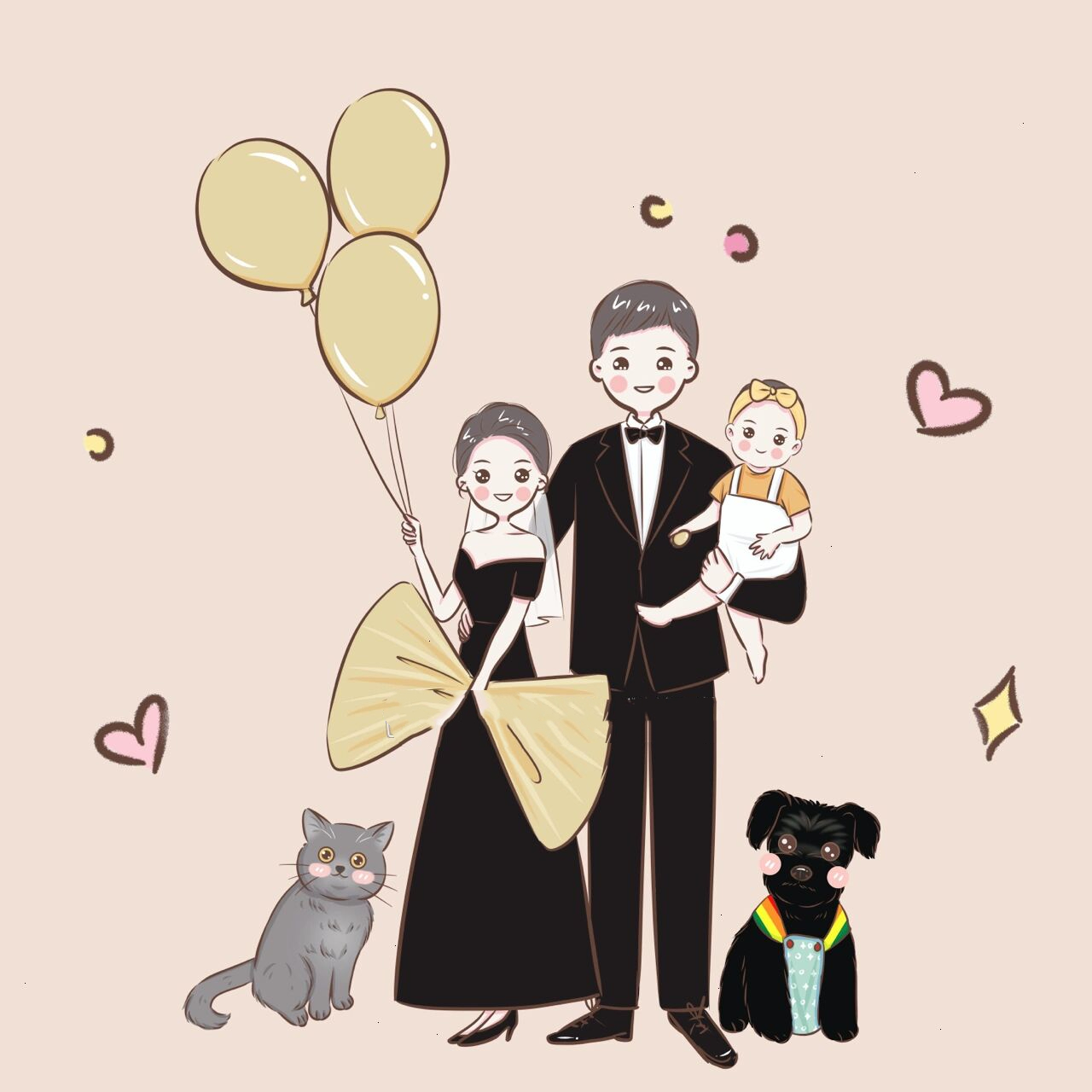 简笔画头像 | 一家五口全家福 幸福的一家五口全家福~可可爱爱一家人